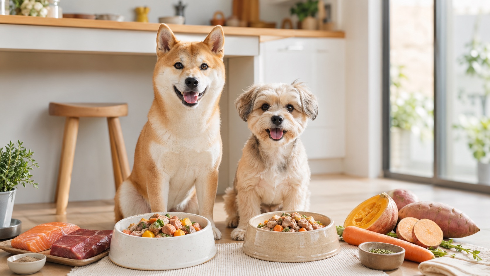 Two happy dogs with fresh food bowls and ingredients