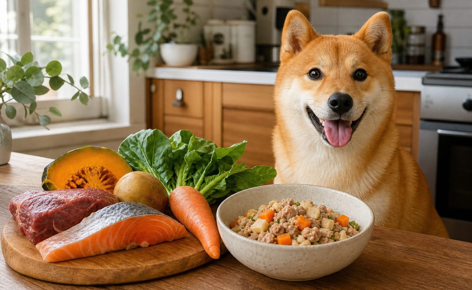Happy dog with fresh dog food ingredients in a home kitchen