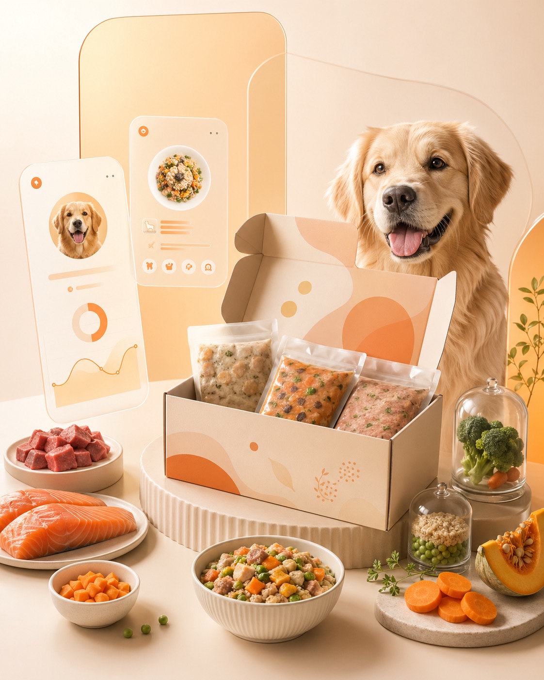 Premium pet food subscription box with glassmorphism UI cards