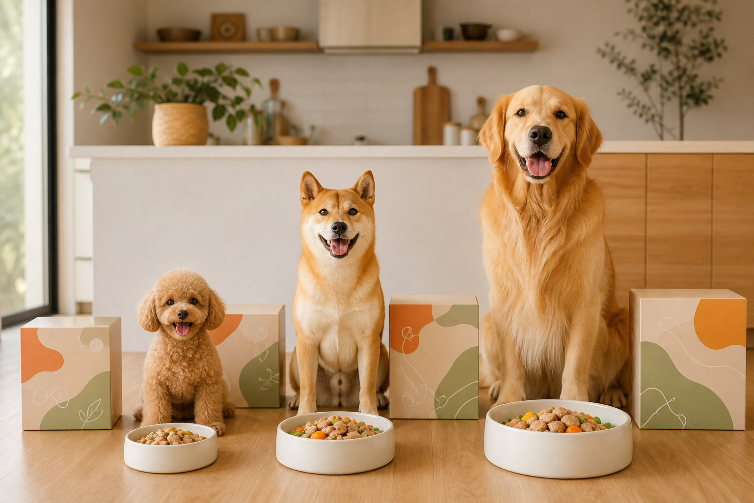 Small, medium and large dogs with matching PetChoice meal bowls