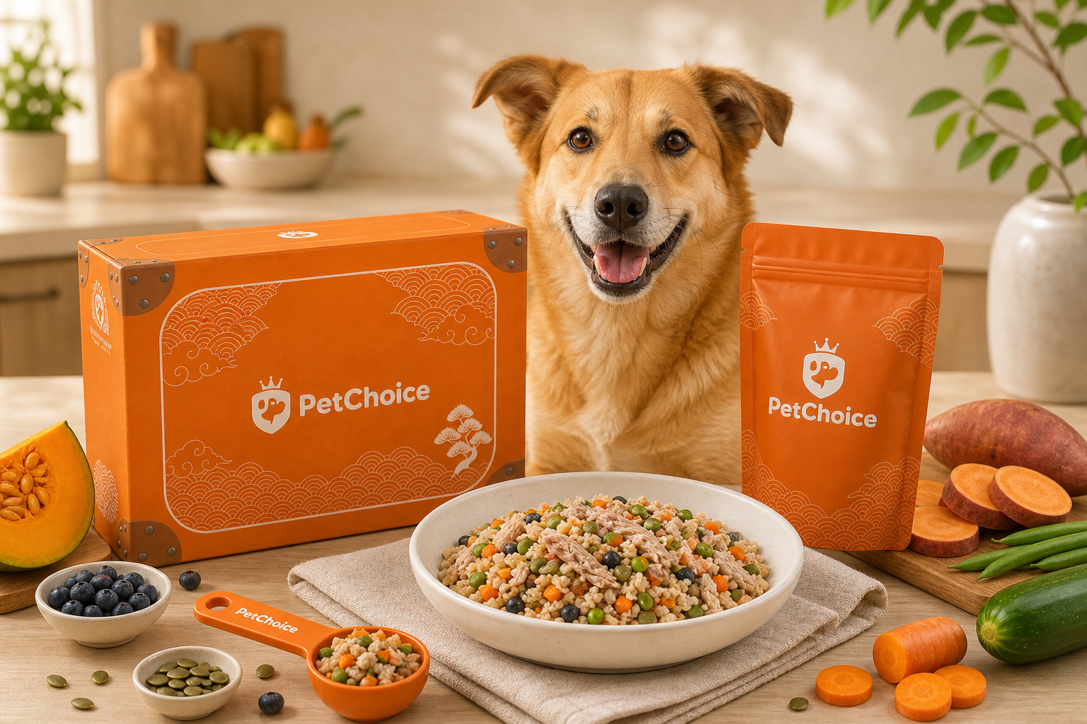 PetChoice orange product box, food pouch and fresh dog food bowl